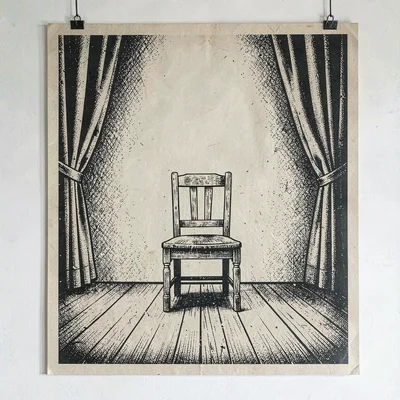 Screenprint poster of an empty stage with a single wooden chair, two-color ink