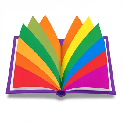 Saturated flat composition of an open book with abstract rainbow pages fanning o