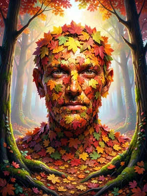 Man's portrait made of autumn leaves arranged to form features, forest floor