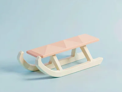 Snowy sky-blue lowpoly sled with chunky cream runners and a triangulated peach s