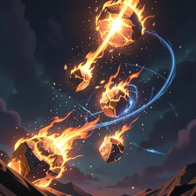 Magic spell effect illustration, meteor swarm spell, fiery rocks descending with