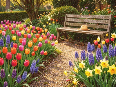 A domestic garden in full spring bloom — tulips, hyacinths, and daffodils crowdi