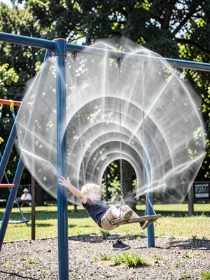 Playground swing set with child's arc accumulated into ghost fan shape