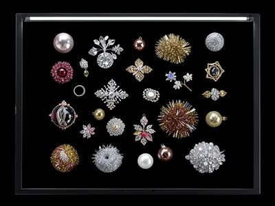 Flatbed scan of ornament collection laid flat, baubles and tinsel, detail