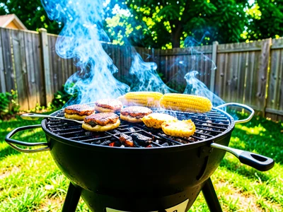 Charcoal grill with burgers and corn, smoke rising, backyard setting