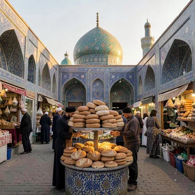 Samarkand blue majolica against Central Asian terracotta, bread vendor at dawn, 