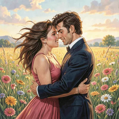 An embrace in field of wildflowers