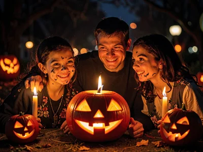 Jack-o-lantern candlelight on trick-or-treater faces, the Halloween glow, carved
