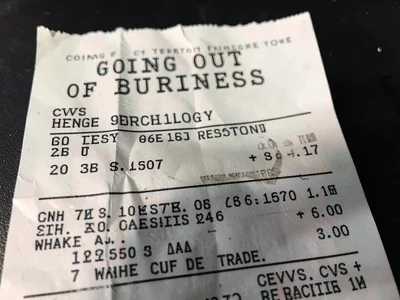 Receipt from last purchase at closing store, "Going Out of Business" on letterhe