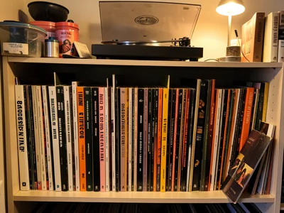 Inside a vintage record collector's shelf viewed straight-on, LP spines creating