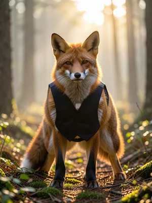 Fox wearing an elegant tailored vest standing in a misty forest clearing at dawn