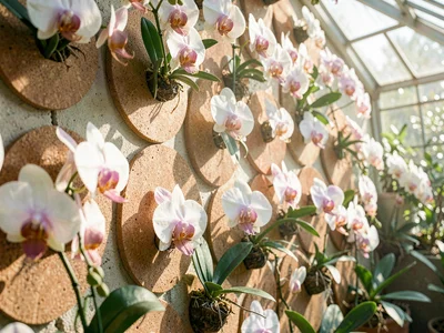 Lush hero of a wall of mounted orchids on cork plaques, dappled greenhouse light
