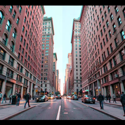 Anaglyphic stereo 3D photograph, City street canyon with buildings towering on b