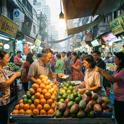 Documentary photograph of megacity life, dense urban scene, Fresh fruit arranged
