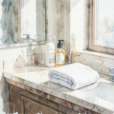 Watercolor of a hotel bathroom counter with hair products and a folded towel, so