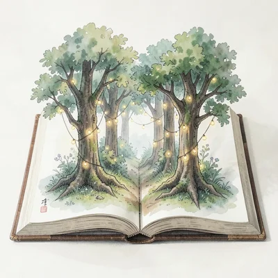 Miniature forest growing on open book pages, fairy lights between trees
