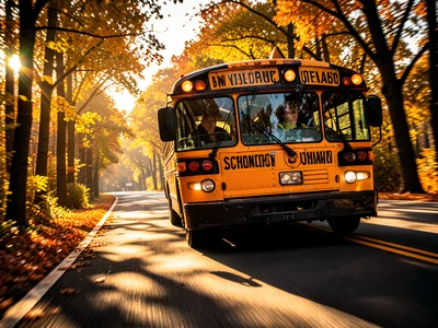 School bus driving down tree-lined road, early autumn, golden light