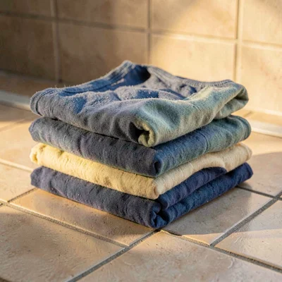 Cassia-warmstack still life of a folded stack of swim briefs in indigo, sage, an
