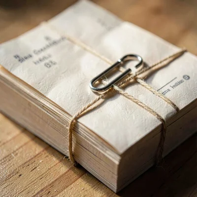 Macro of a stack of folded receipts banded with a paper clip, soft fiber grain, 