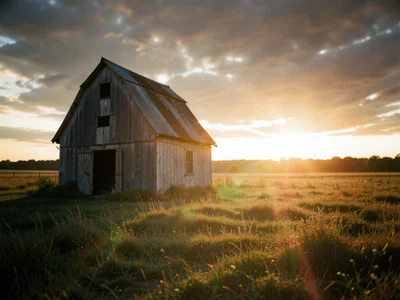 Abandoned barn in a field at golden hour, dramatic sky, nostalgic rural beauty