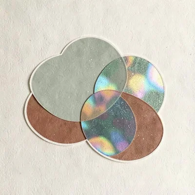 Bram-screenpress poster of overlapping holographic sticker shapes with halftone