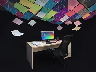Office where everything is stuck to the ceiling — desk, chair, computer, papers 