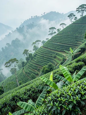 Emerald green hills through morning mist in Kigali, Rwanda, Tea plantation geome