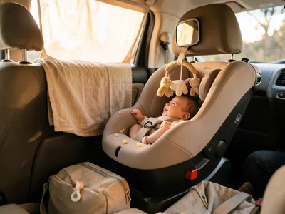 The passenger-side backseat of a car with a rear-facing infant car seat installe