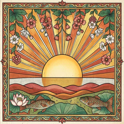 Sun disc rising above horizon — rays alternating with hanging flowers