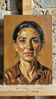 Warm encaustic painting studio on a Greek island, intimate and close, Mediterran