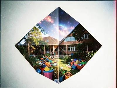 School building merged with colorful supplies, double exposure layers