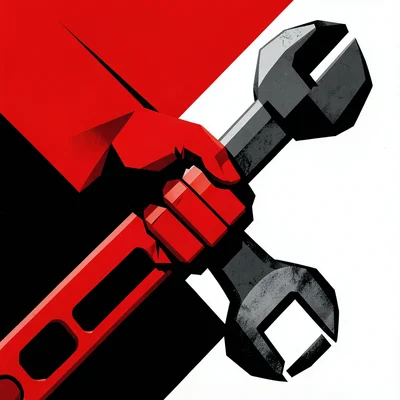 Hands gripping a large wrench, rendered as angular geometry in red and black
