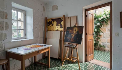 Oil painting on wood panel, luminous and intimate, Tunisian Mediterranean settin