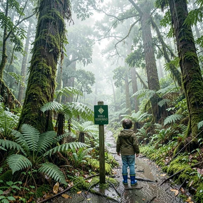 Monteverde cloud forest, filtered canopy light, Child rainboots standing by a tr