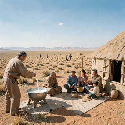 Gobi steppe horizontal, Mongolian vastness, Fermented mare milk being poured int