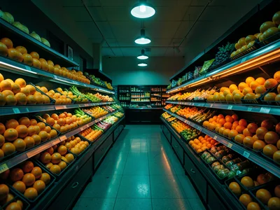 Grocery store produce aisle, oranges glowing like treasure, cool overhead lights
