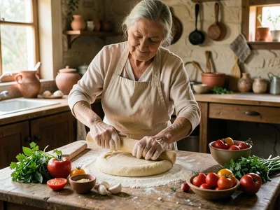 Italian grandmother rolling pasta dough, flour-covered hands, rustic farmhouse k