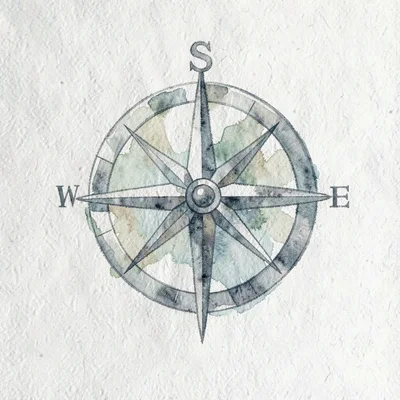 Editorial infographic of a stylised compass rose in muted ink, balanced composit