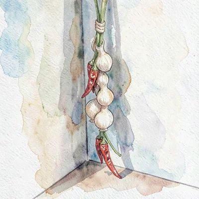 Watercolor of a corner with a hanging garlic braid and dried chilies