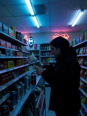 Someone standing in a convenience store at 3am choosing between energy drinks, t