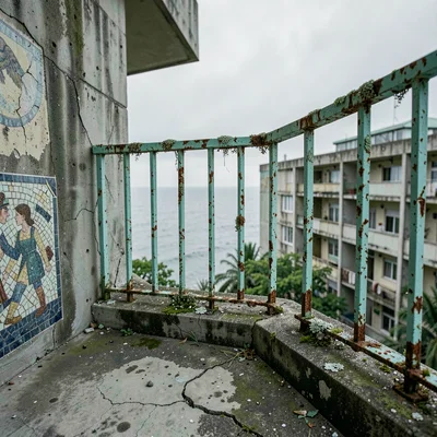 Rusted Balcony Railing with Peeling Turquoise Paint