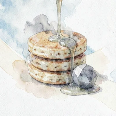 Smoky lowpoly stack of three pancakes with faceted grey discs and a translucent 