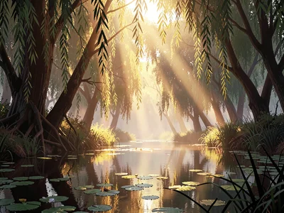 Riverbank willow grove pierced by golden afternoon shafts, warm reflection on li