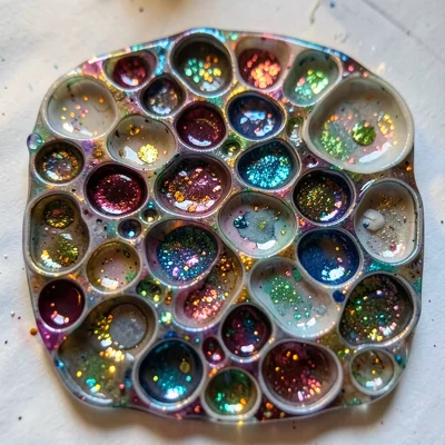 Resin art pour mid-process, cells forming, metallic pigments catching light