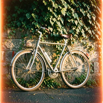 A bicycle leaning against a stone wall covered in ivy, late afternoon light maki