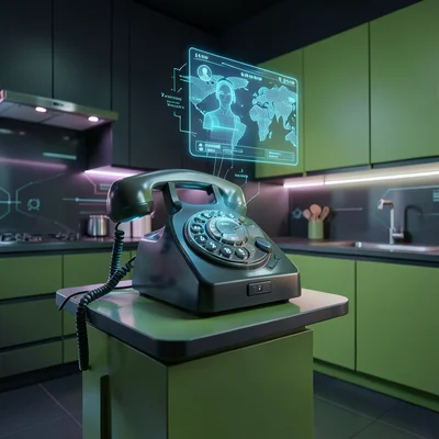 Rotary phone with holographic caller ID floating above handset, avocado green ki