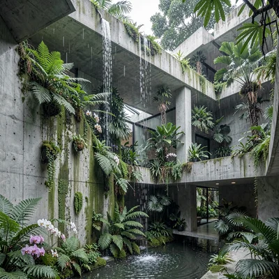 Singapore tropical modernism, green claiming grey, Mossy concrete wall in tropic