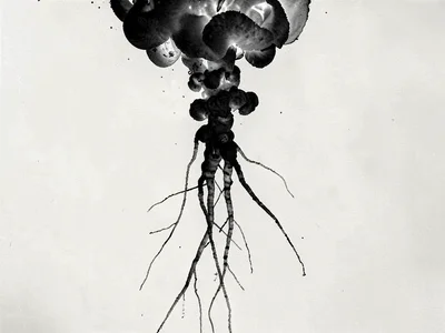 Ink tendrils reaching downward like roots
