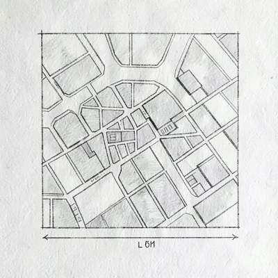 Top-down view of a hand-drawn city plan with delicate block shading and a scale