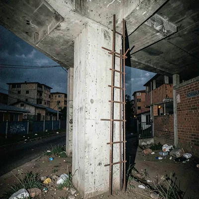 Post-industrial Johannesburg brutalism with harsh flash, Unfinished concrete hig